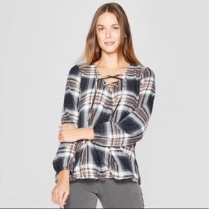 Knox Rose Plaid Long Sleeve Lace-Up Neck Top XL